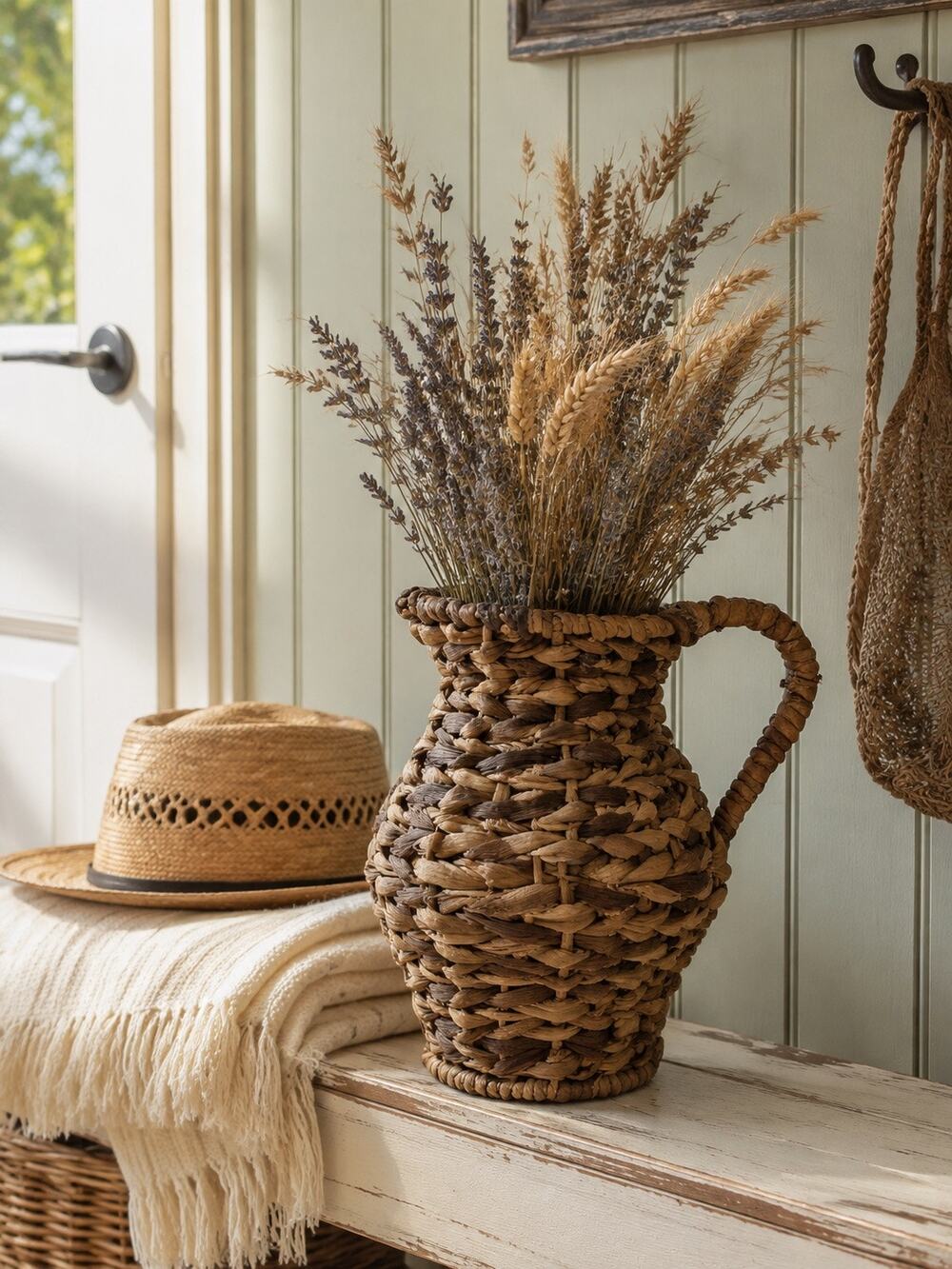 Vintage Woven Fiber Pitcher Vase 8” Rustic Cottage Dried Flower Basket Decor
